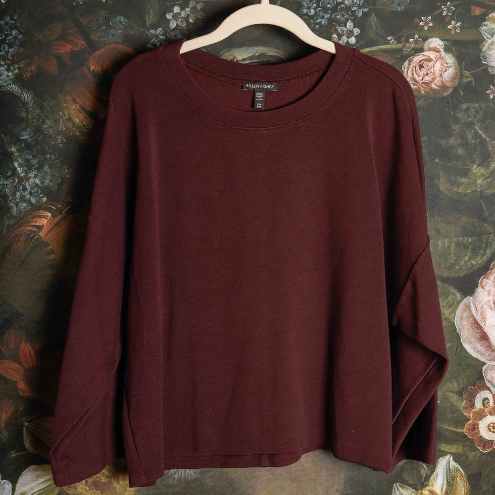 Beautiful dark merlot color top from Eileen Fisher, kimono sleeves, size S